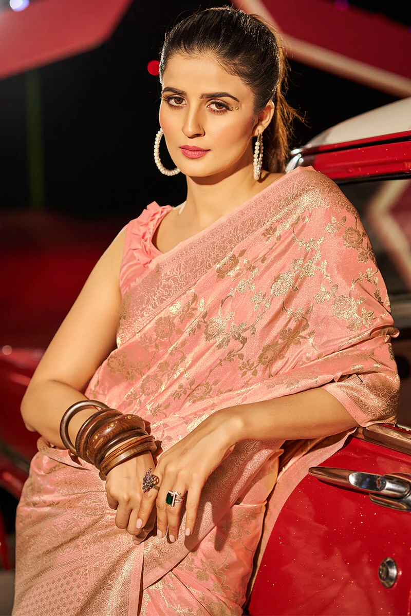 Skinny Peach Soft Banarasi Silk Saree With Sophisticated Blouse Piece - Image 2