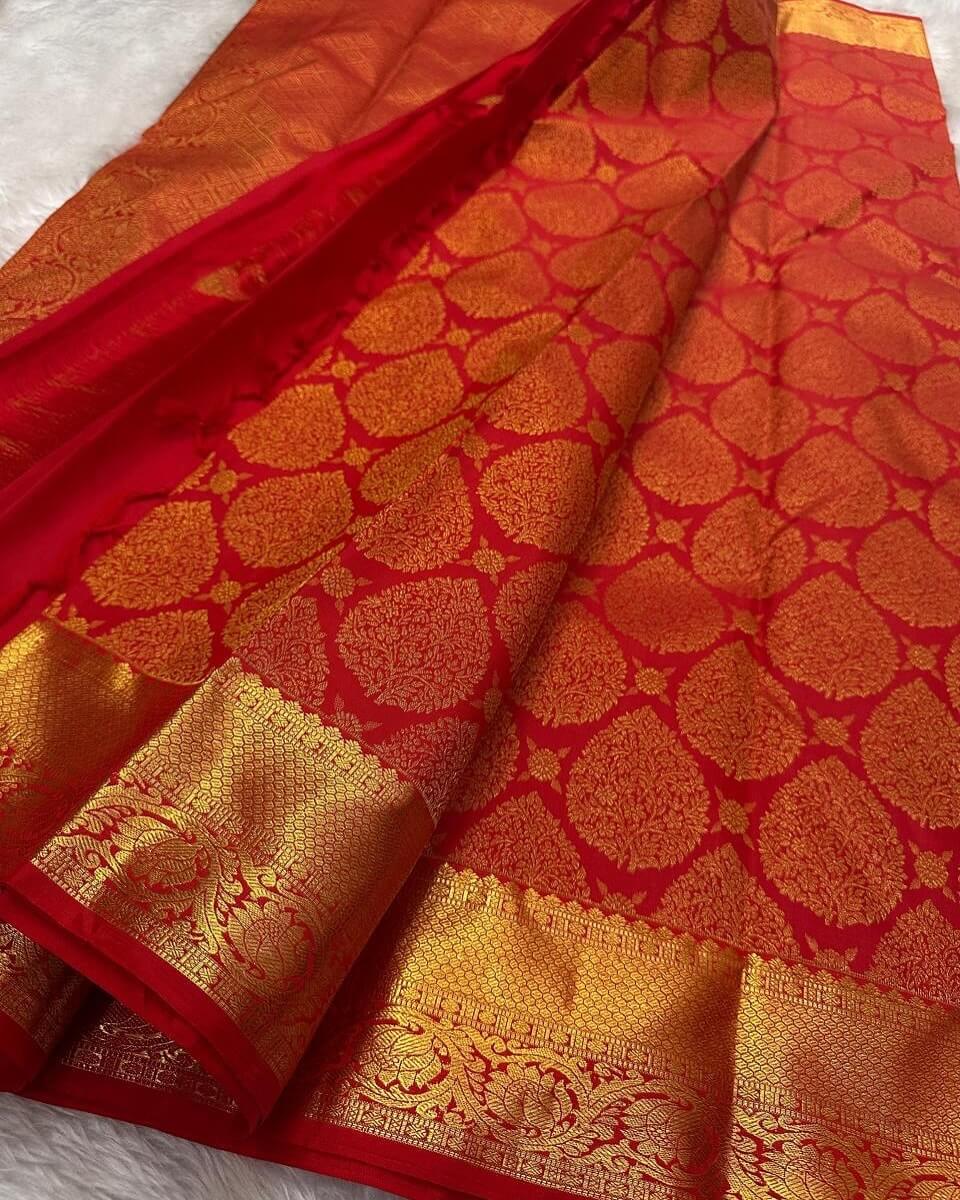 Skinny Red Soft Banarasi Silk Saree With Precious Blouse Piece - Image 2