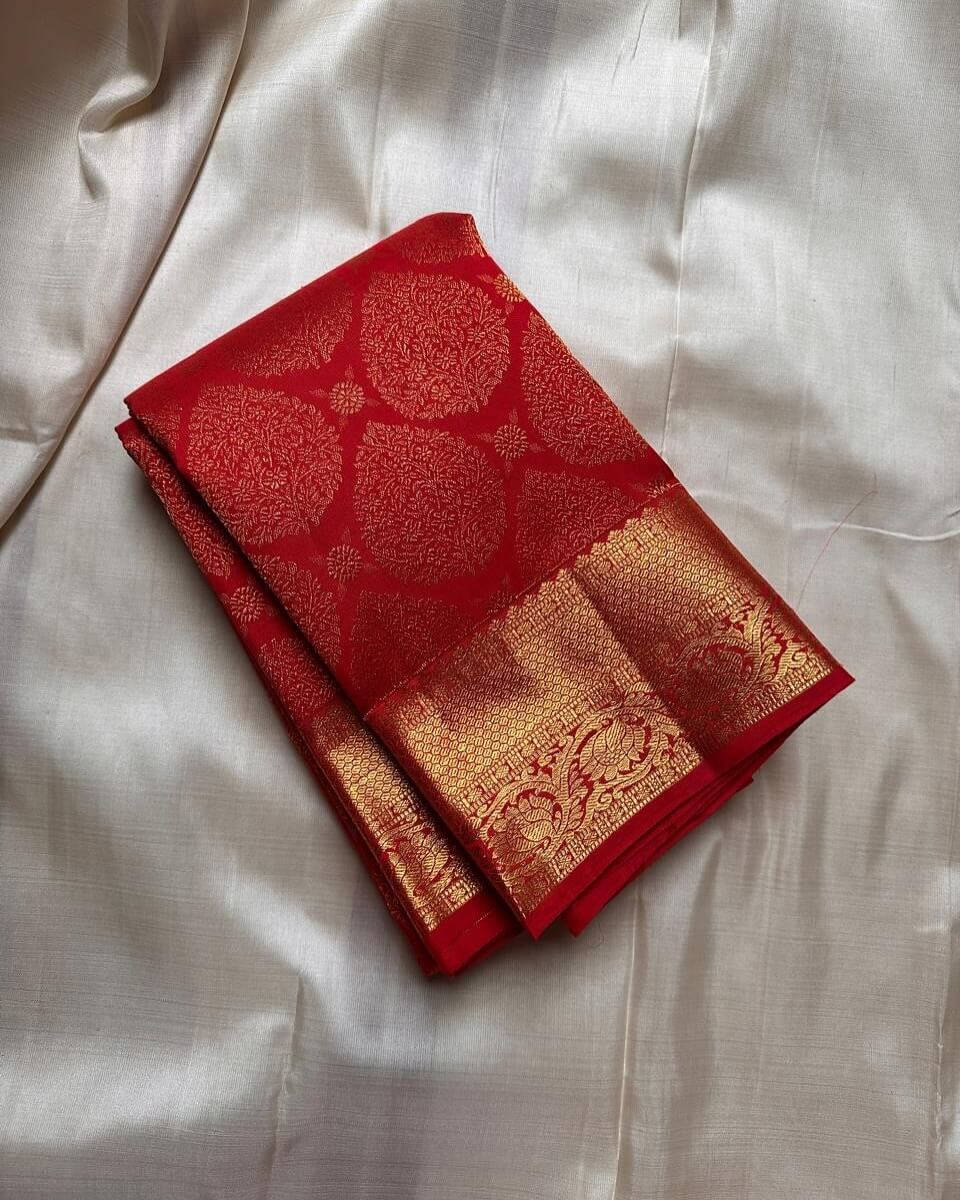 Skinny Red Soft Banarasi Silk Saree With Precious Blouse Piece - Image 3