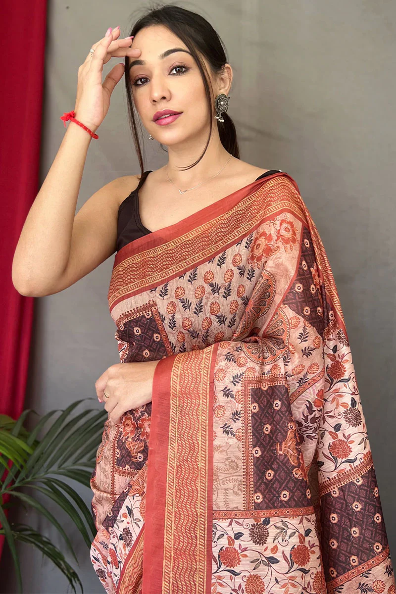 Smart Beige Digital Printed Cotton Silk Saree With Desiring Blouse Piece - Image 2