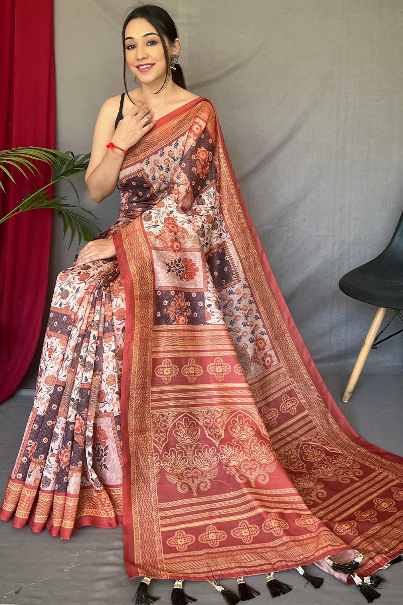 Smart Beige Digital Printed Cotton Silk Saree With Desiring Blouse Piece - Image 3