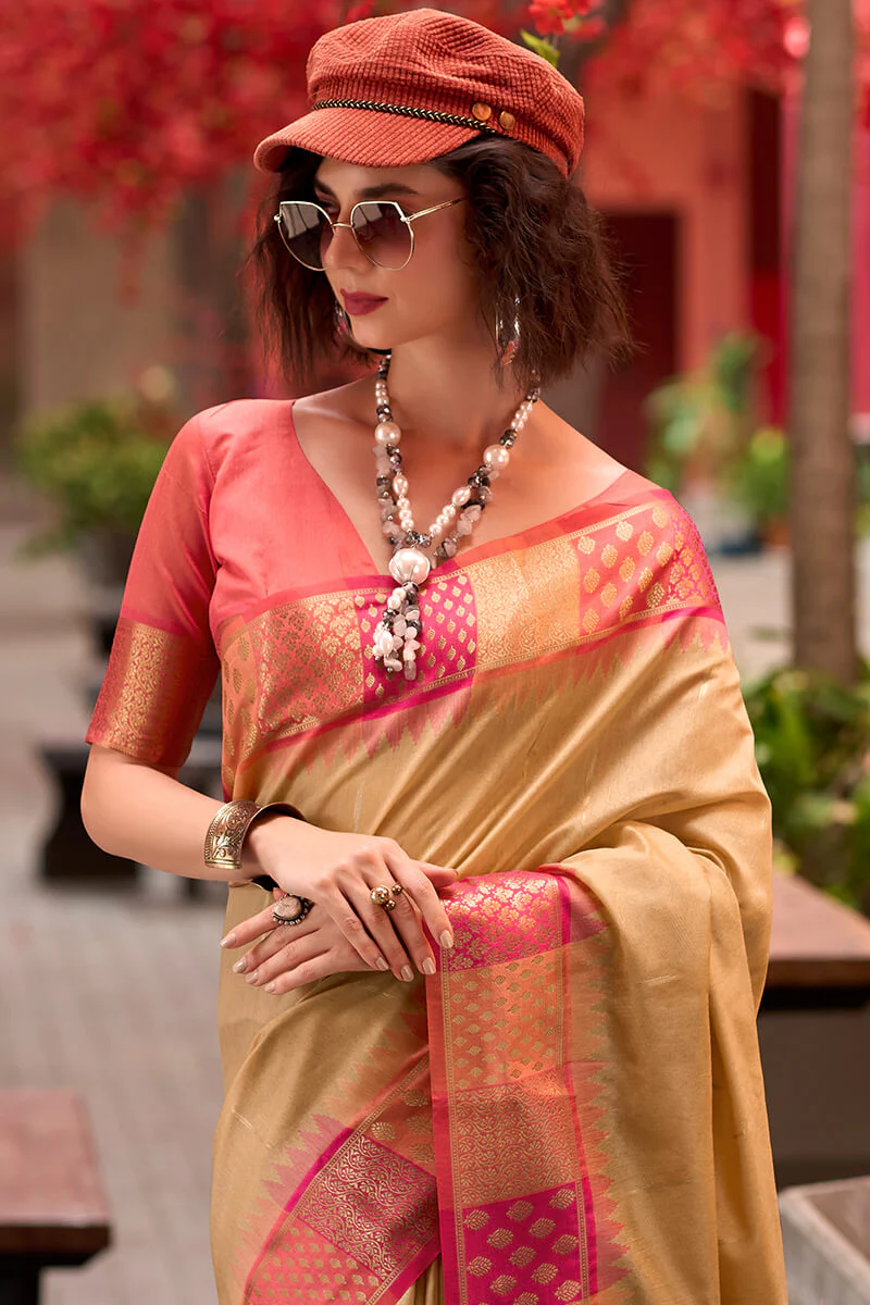 Smart Beige Soft Banarasi Silk Saree With Ethnic Blouse Piece - Image 2
