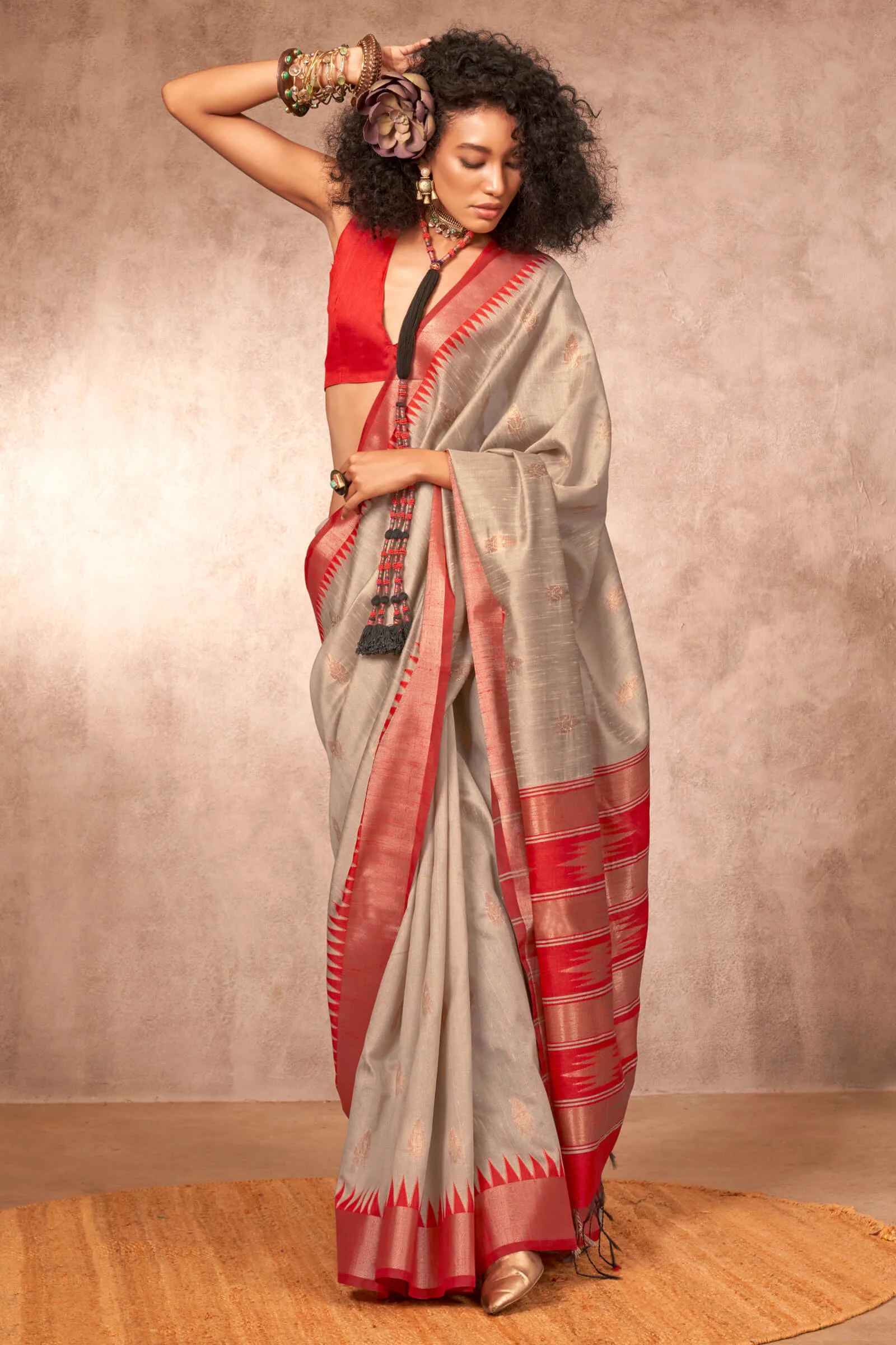 Smart Beige Soft Banarasi Silk Saree With Vibrant  Blouse Piece