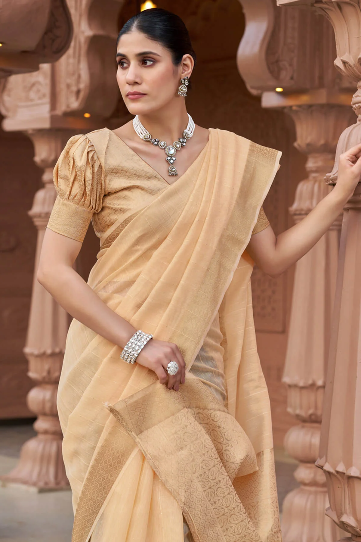 Smart Peach Cotton Silk Saree With Marvellous Blouse Piece - Image 2