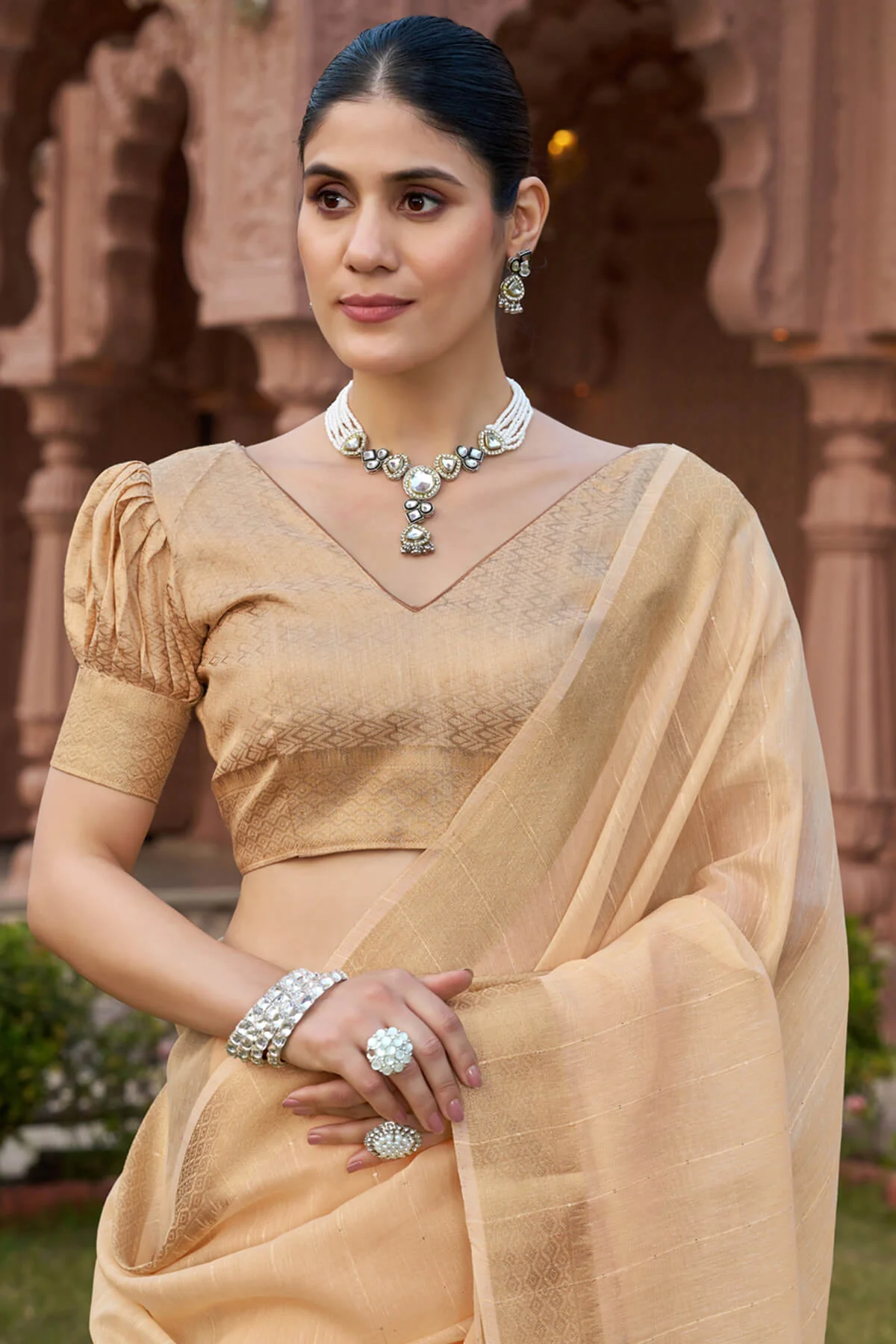 Smart Peach Cotton Silk Saree With Marvellous Blouse Piece - Image 4