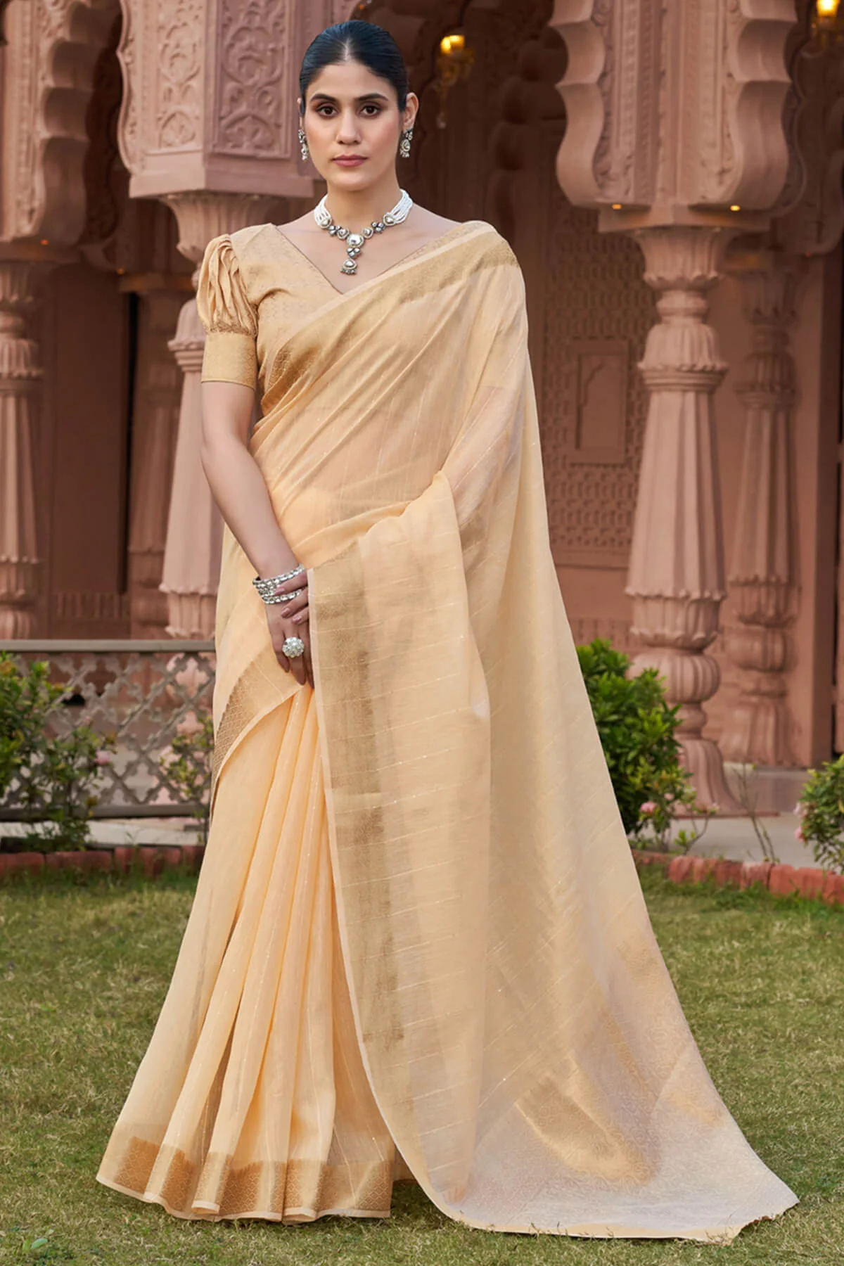 Smart Peach Cotton Silk Saree With Marvellous Blouse Piece - Image 6
