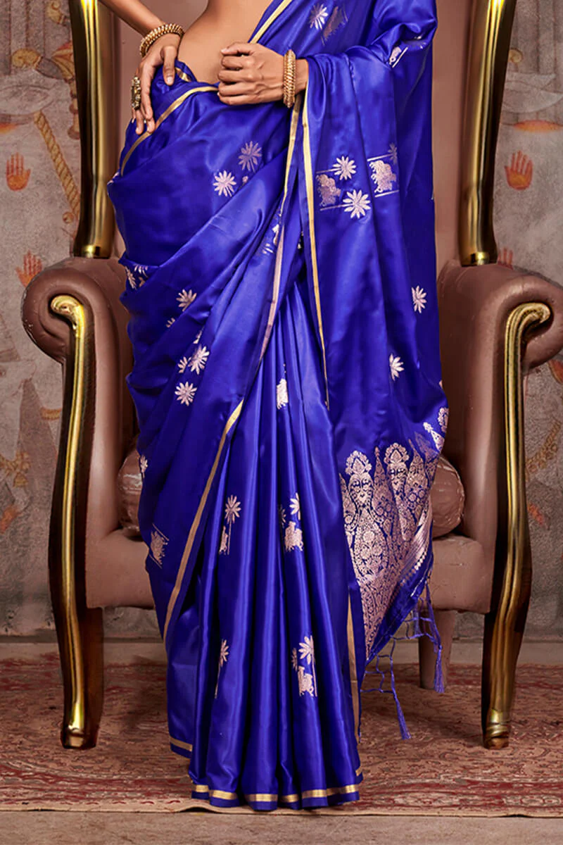 Smart Royal Blue Banarasi Satin Silk Saree With Captivating Blouse - Image 3