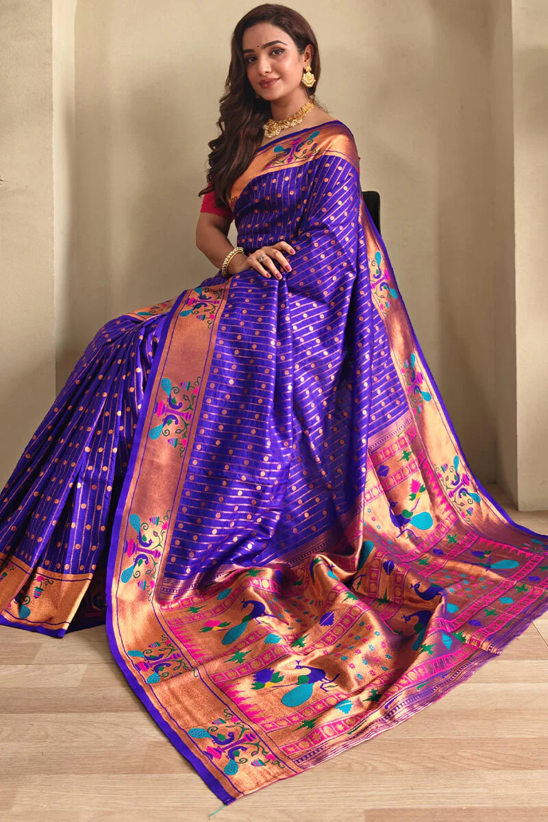 Smart Royal Blue Paithani Silk Saree With Fancifull Blouse Piece - Image 2