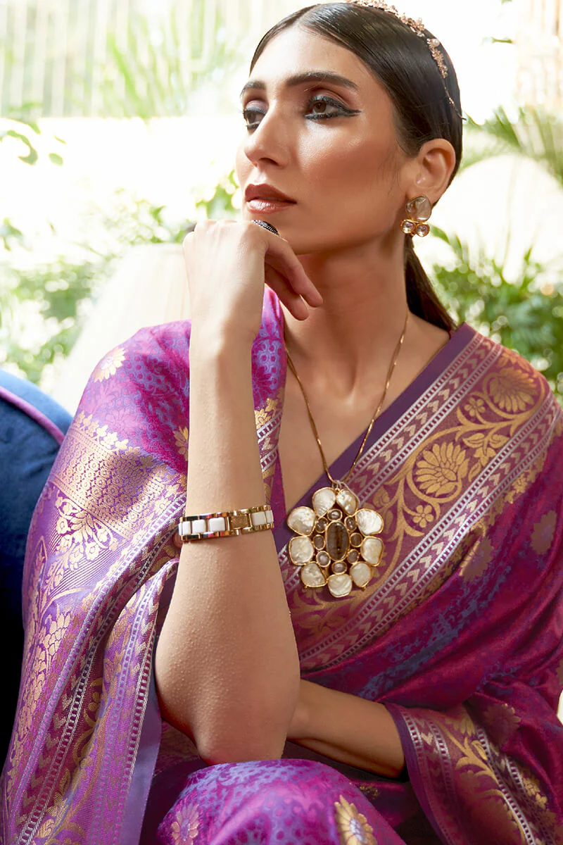 Smashing Purple Kanjivaram Silk Saree With Scrumptious Blouse Piece - Image 2