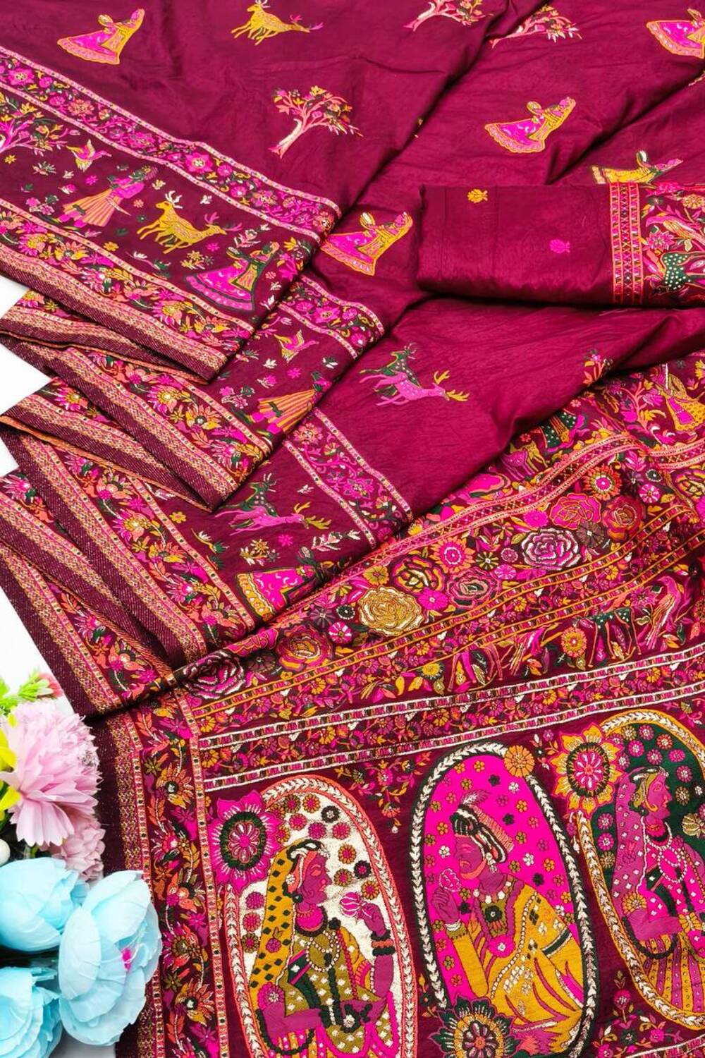 Smashing Wine Nylon Dola Pashmina Saree With Embellished Blouse Piece - Image 3
