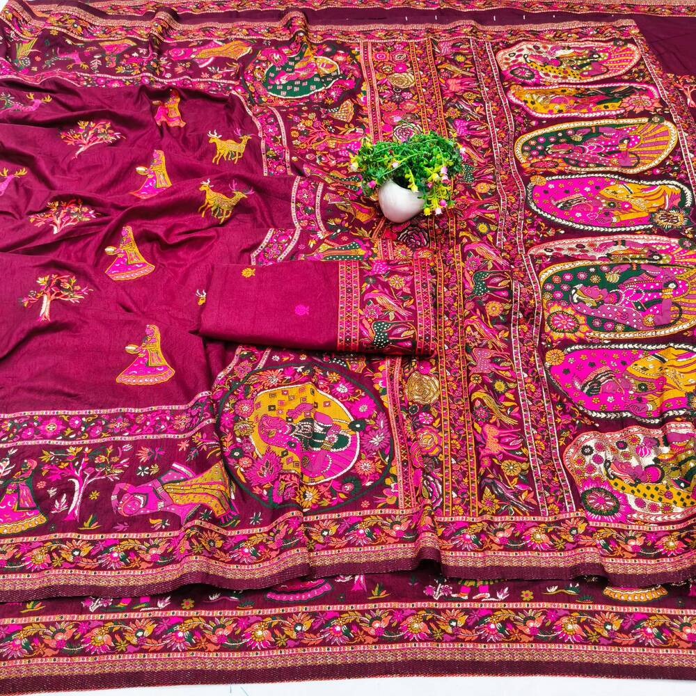 Smashing Wine Nylon Dola Pashmina Saree With Embellished Blouse Piece - Image 4