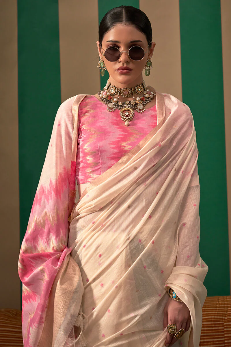 Snappy Beige Cotton Silk Saree With Confounding Blouse Piece - Image 3