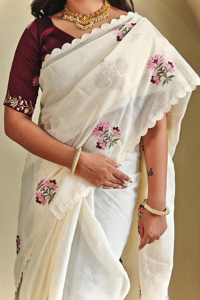 Snappy Beige Embroidery Work Kota Doria Saree With Ethnic Blouse Piece - Image 3