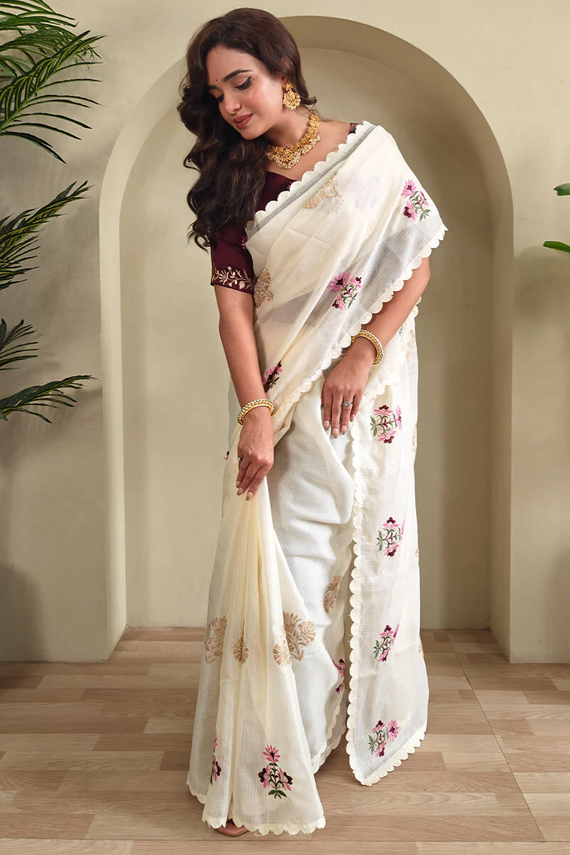 Snappy Beige Embroidery Work Kota Doria Saree With Ethnic Blouse Piece - Image 4