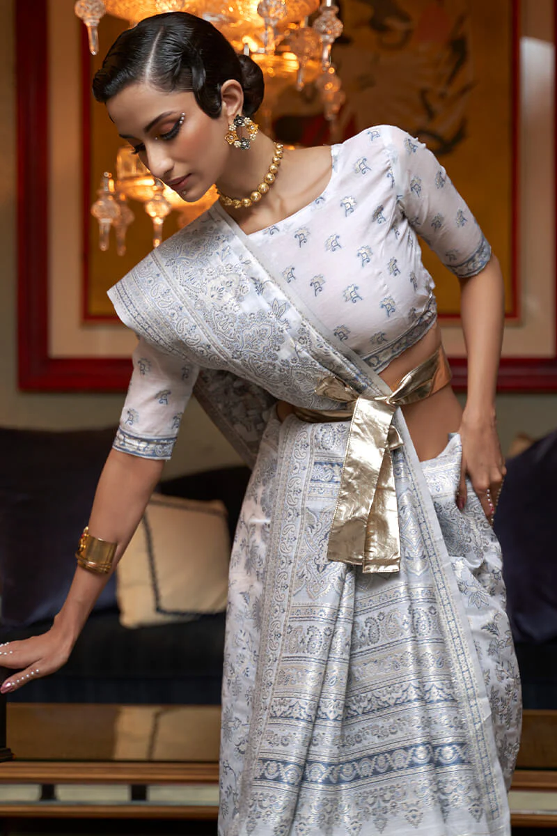 Snappy Grey Cotton Silk Saree With Snazzy Blouse Piece - Image 2