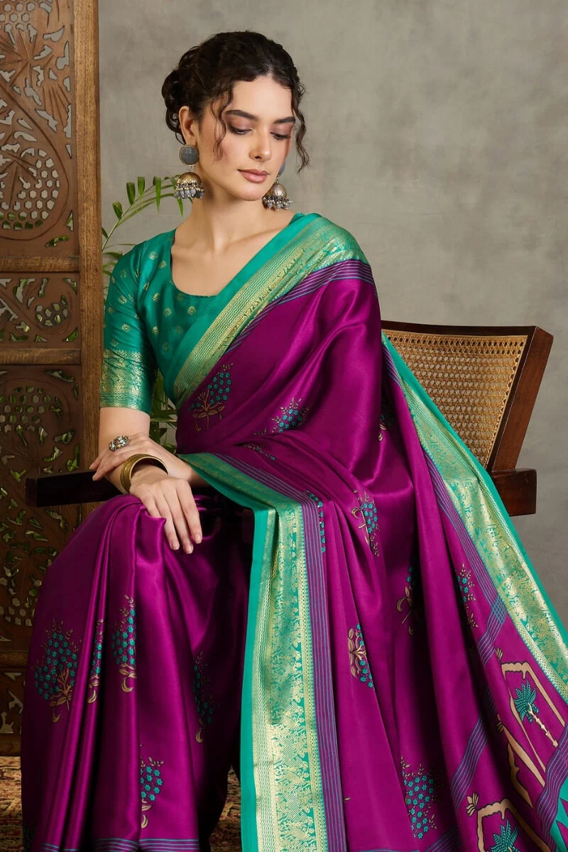 Snappy Purple Ajrakh Printed Semi Modal Silk Saree With Glorious Blouse Piece - Image 2