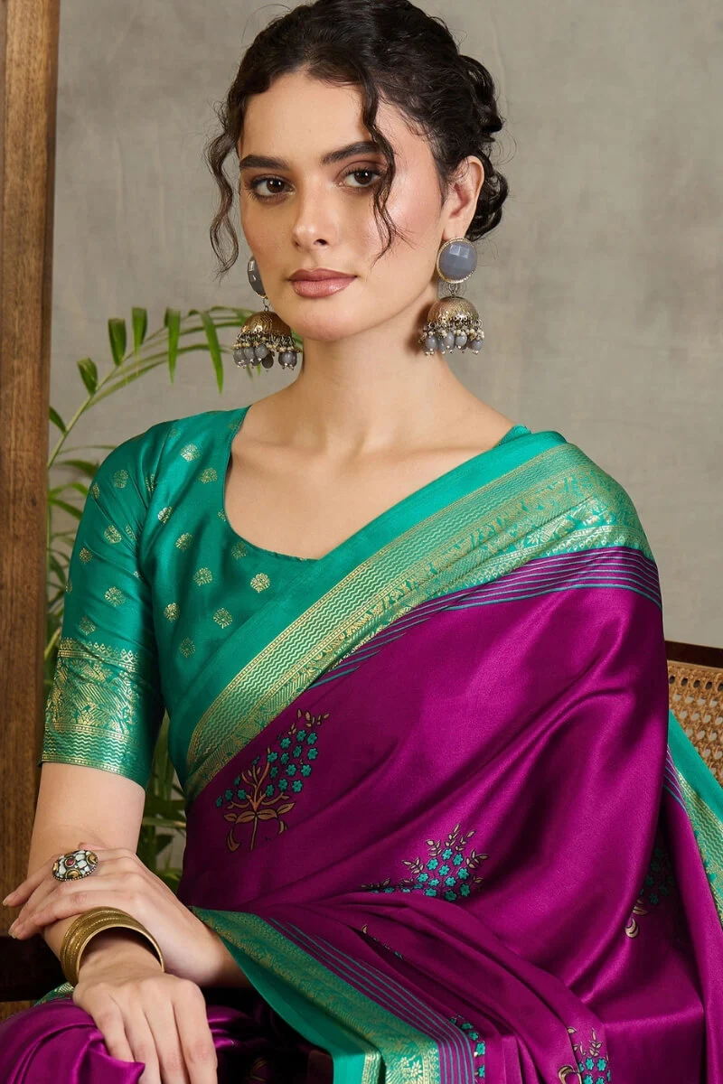 Snappy Purple Ajrakh Printed Semi Modal Silk Saree With Glorious Blouse Piece - Image 4
