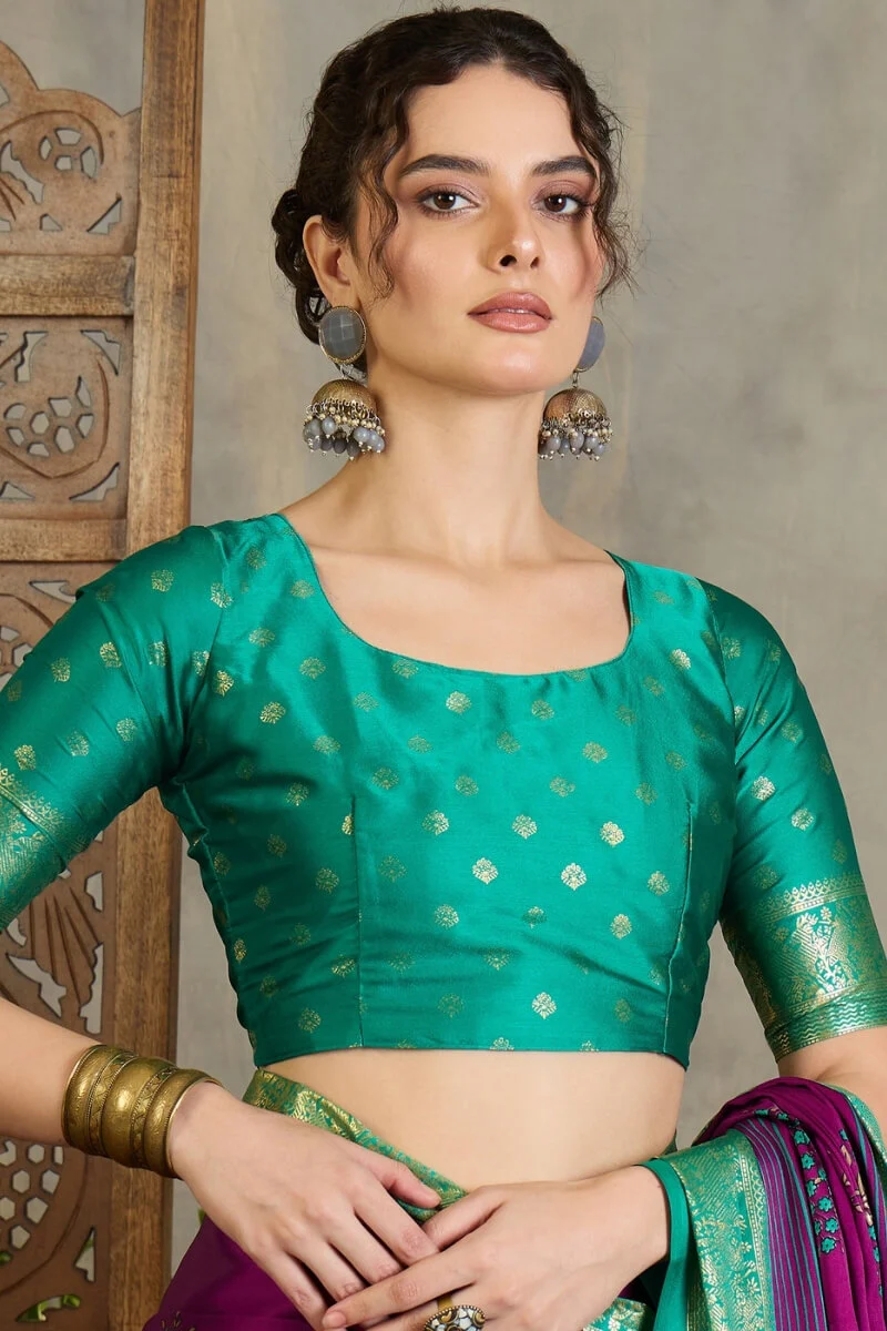 Snappy Purple Ajrakh Printed Semi Modal Silk Saree With Glorious Blouse Piece - Image 6
