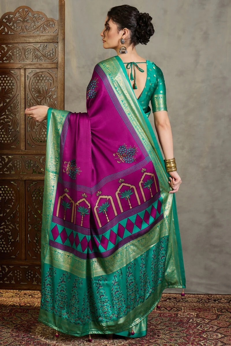 Snappy Purple Ajrakh Printed Semi Modal Silk Saree With Glorious Blouse Piece - Image 7