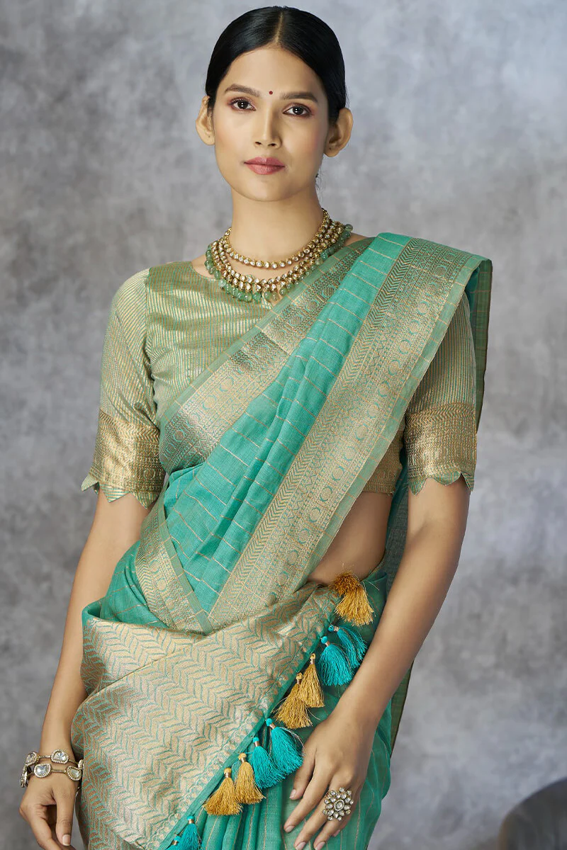 Snappy Sea Green Cotton Silk Saree With Phenomenal Blouse Piece - Image 2