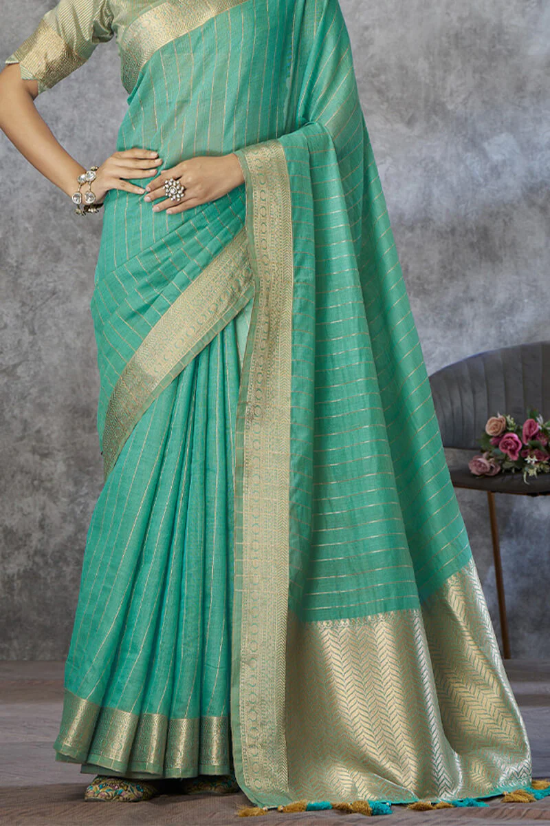 Snappy Sea Green Cotton Silk Saree With Phenomenal Blouse Piece - Image 3