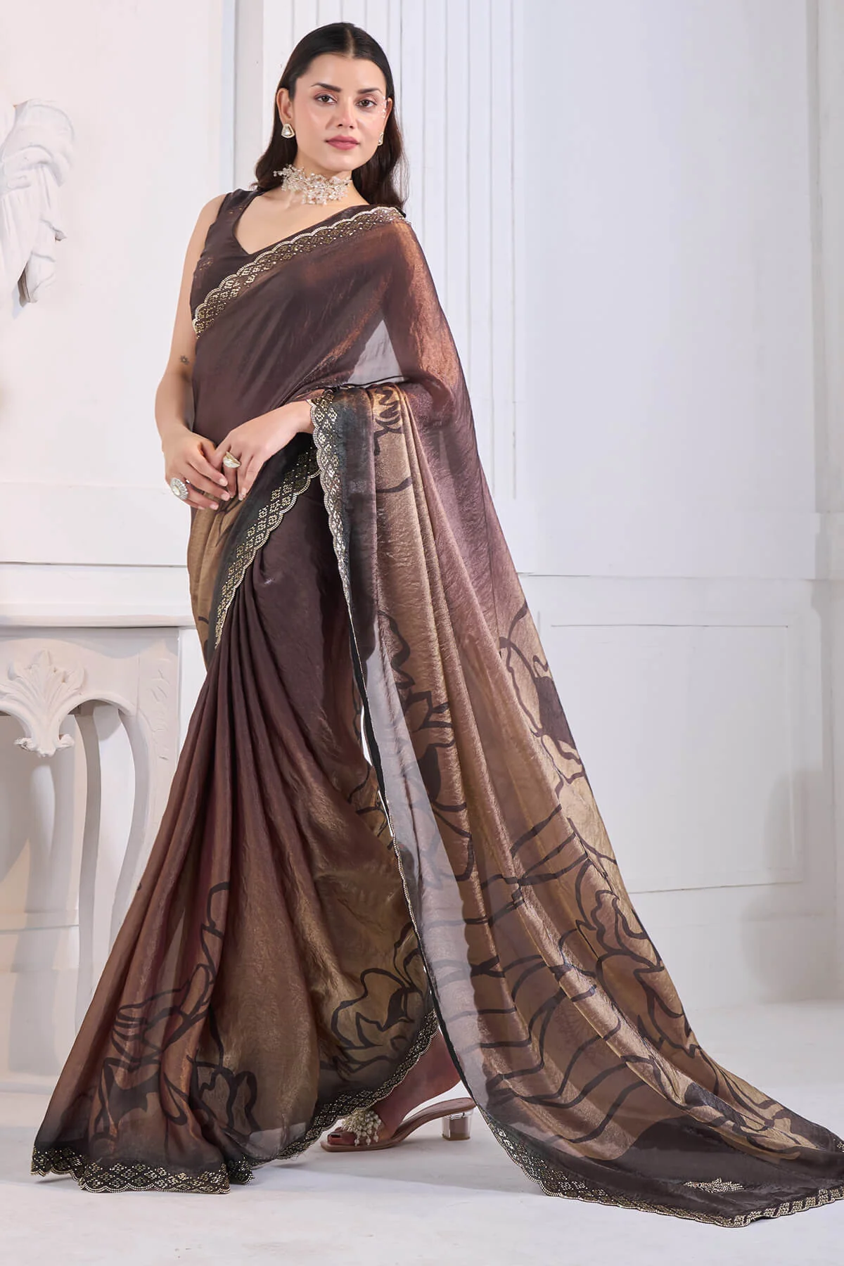 Snazzy Brown Jarkan Work Fandy Silk Saree - Image 3
