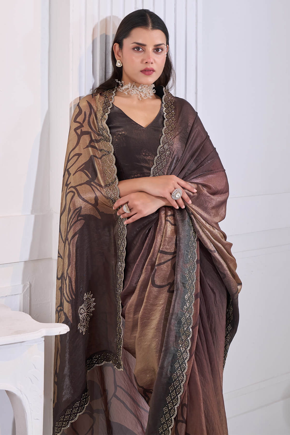 Snazzy Brown Jarkan Work Fandy Silk Saree - Image 4
