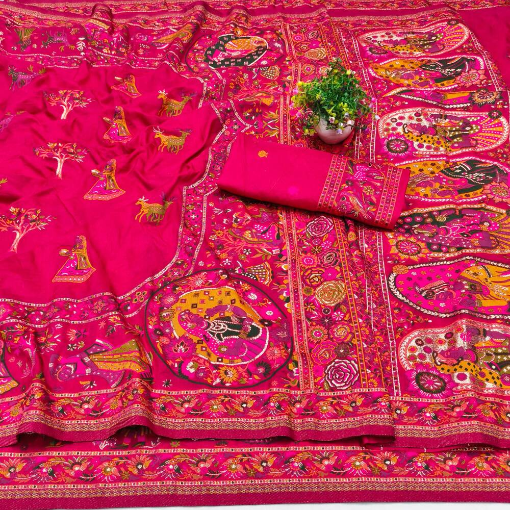 Snazzy Dark Pink Nylon Dola Pashmina Saree With Energetic Blouse Piece - Image 2