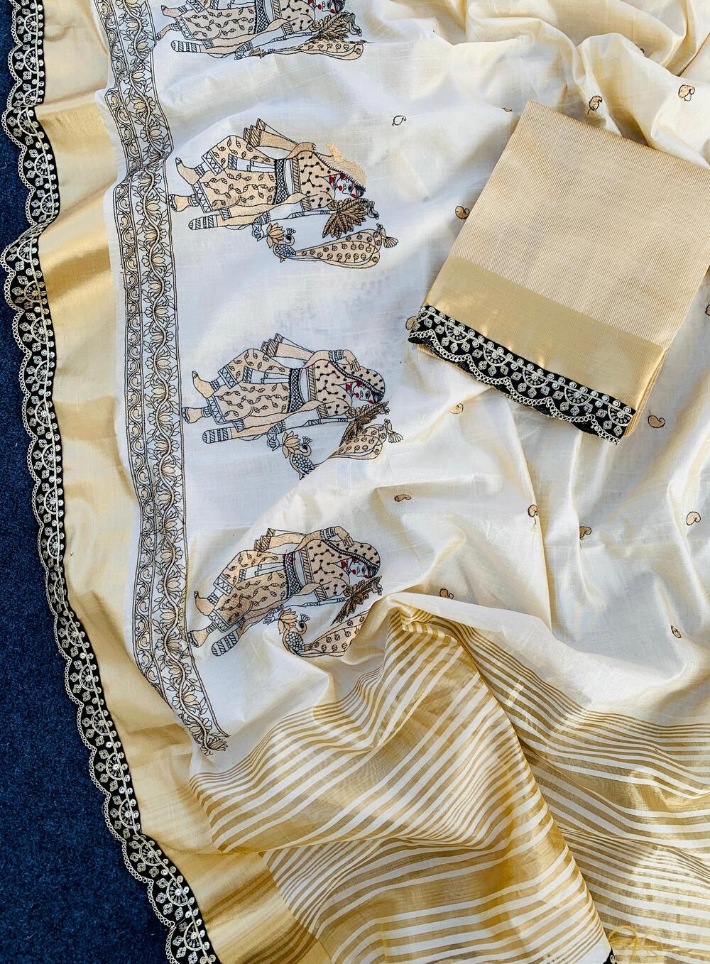 Snazzy Off White Kalamkari Thread Work Tussar Silk Saree With Opulent Blouse Piece - Image 3