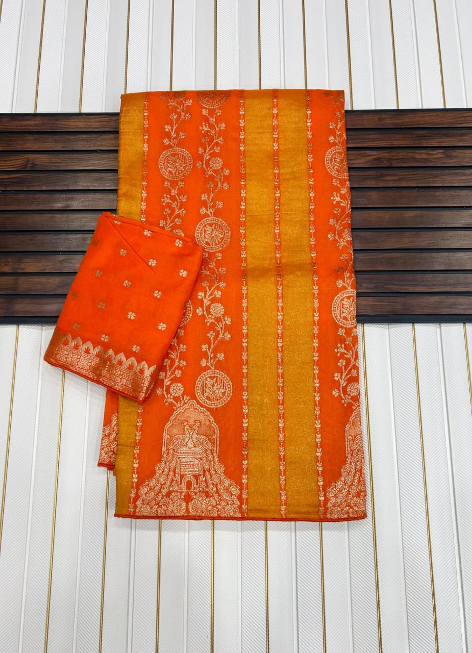 Snazzy Orange Soft Banarasi Tissue Silk Saree With Ethereal Blouse Piece - Image 2