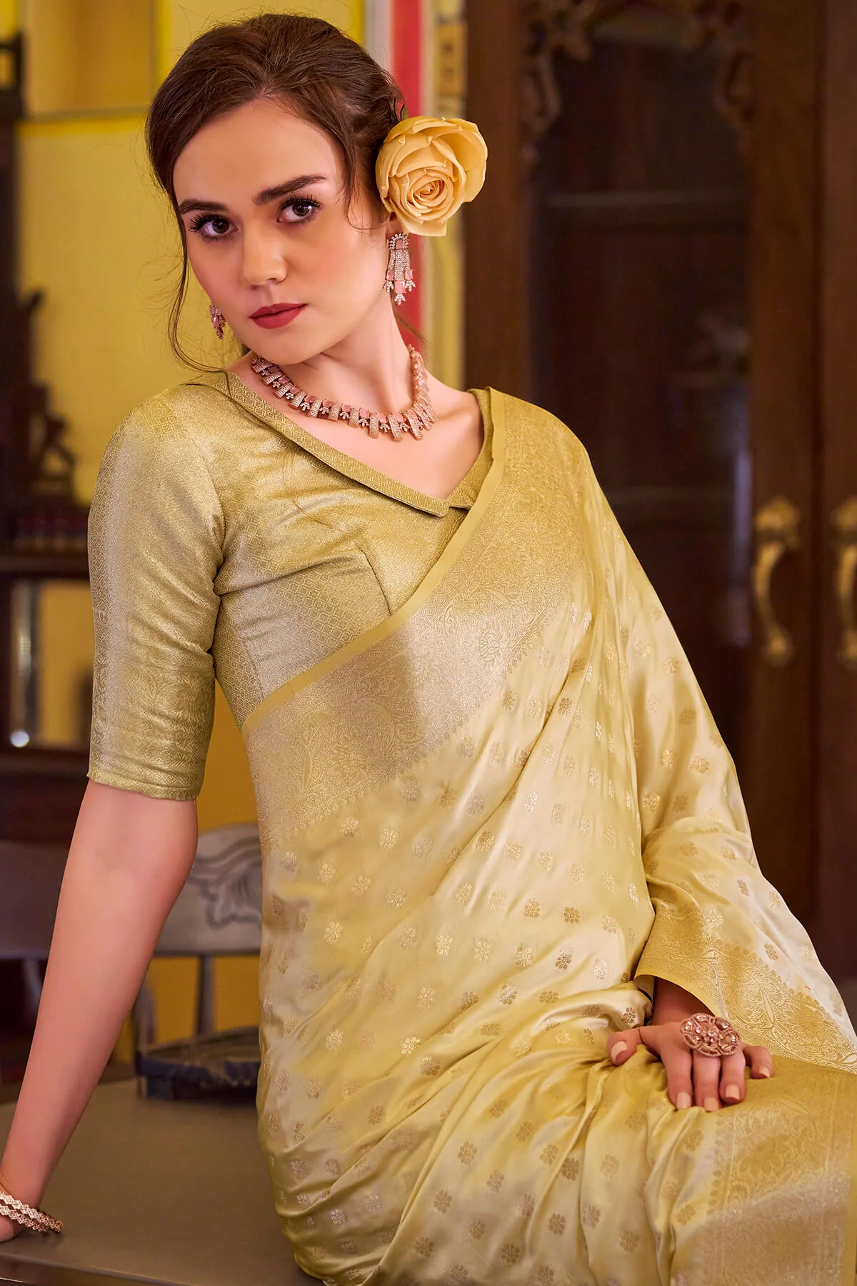 Snazzy Yellow Banarasi Satin Silk Saree With Amazing Blouse - Image 4
