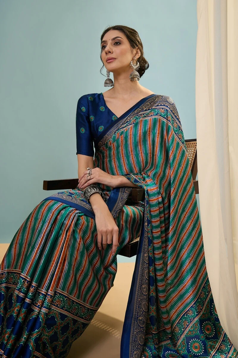 Sonorous Dark Green Ajrakh Printed Semi Modal Silk Saree With Breathtaking Blouse Piece - Image 2