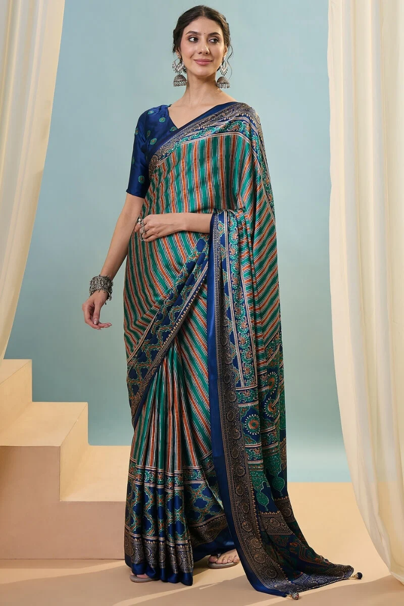 Sonorous Dark Green Ajrakh Printed Semi Modal Silk Saree With Breathtaking Blouse Piece - Image 5