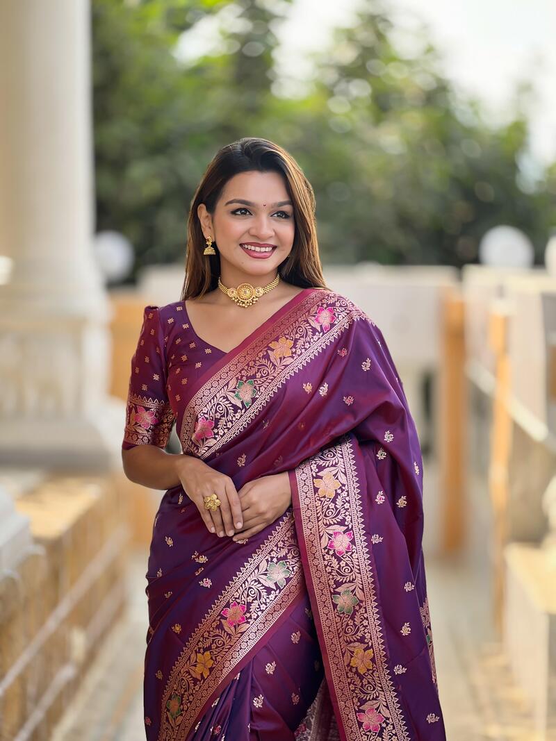 Sonorous Wine Soft Banarasi Silk Saree With Nectarous Blouse Piece - Image 2