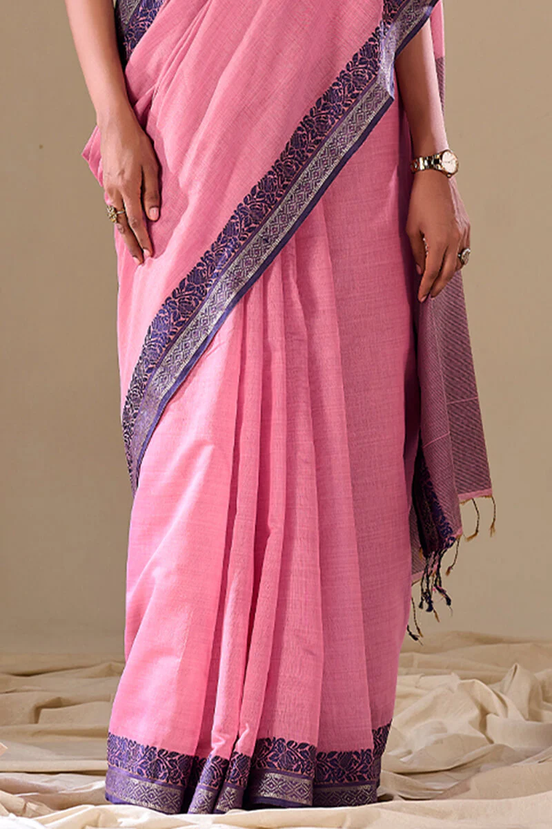 Sophisticated Baby Pink Cotton Silk Saree With Gleaming Blouse Piece - Image 5