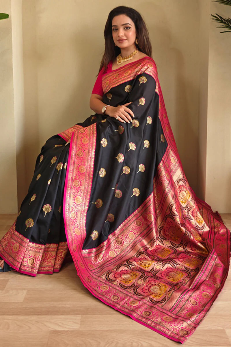 Sophisticated Black Soft Banarasi Silk Saree With Flaunt Blouse Piece - Image 2