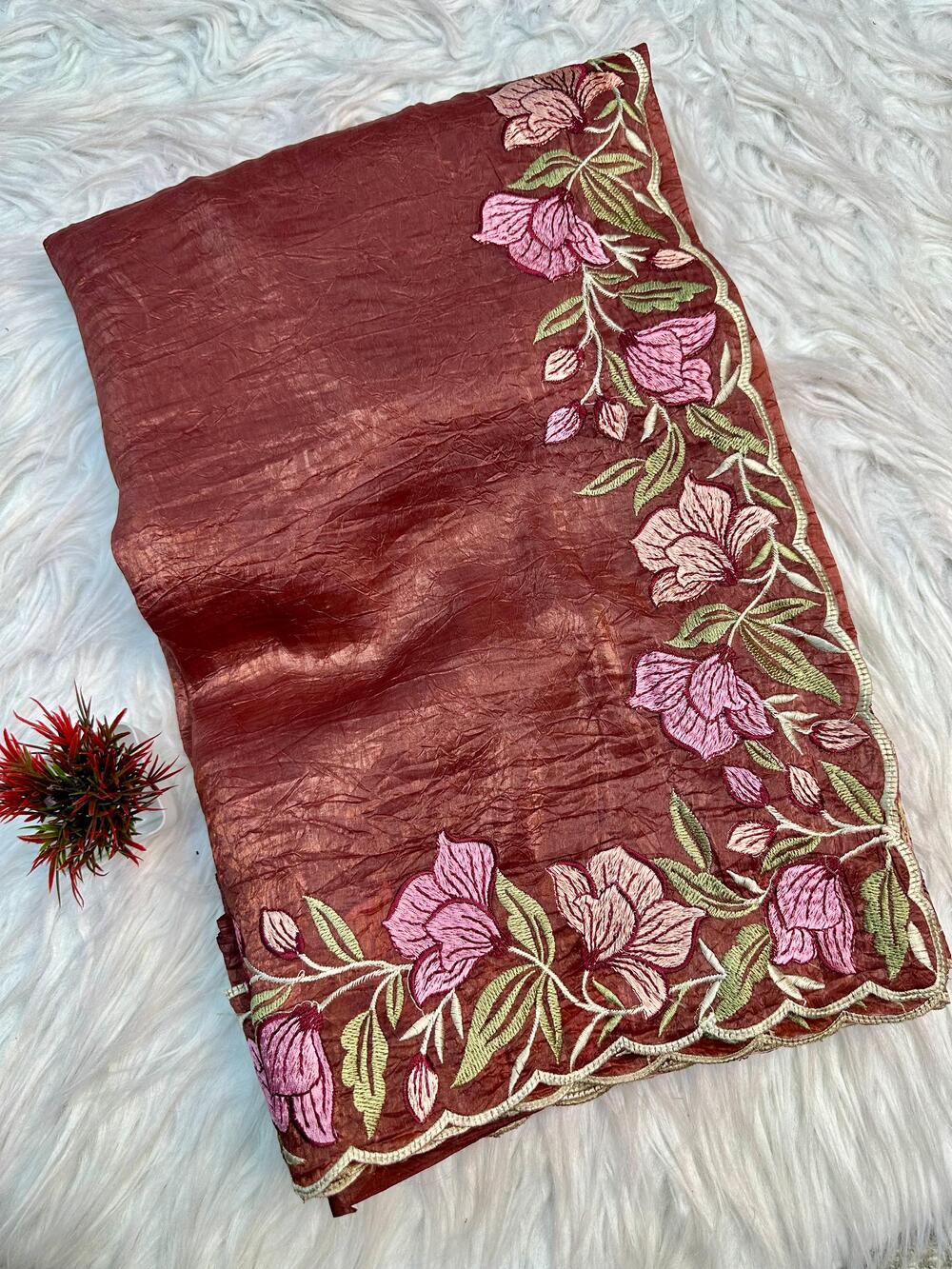 Sophisticated Brown Embroidery Work Crush Silk Saree With Imaginative Blouse Piece - Image 2