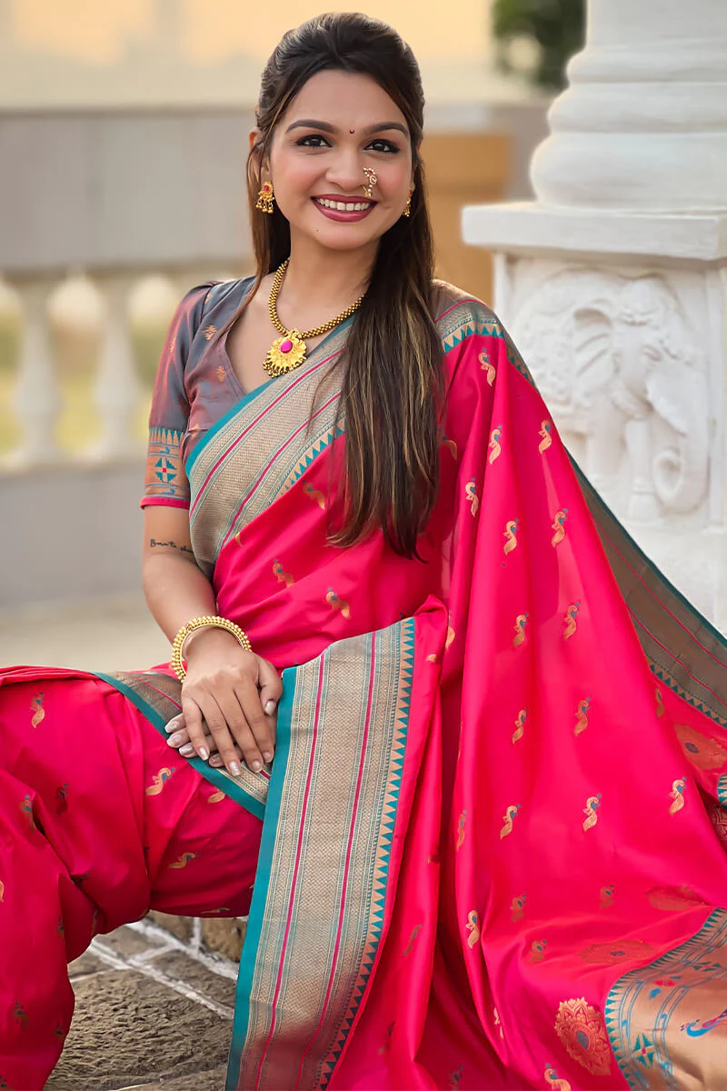 Sophisticated Dark Pink Paithani Silk Saree With Pretty Blouse Piece - Image 4