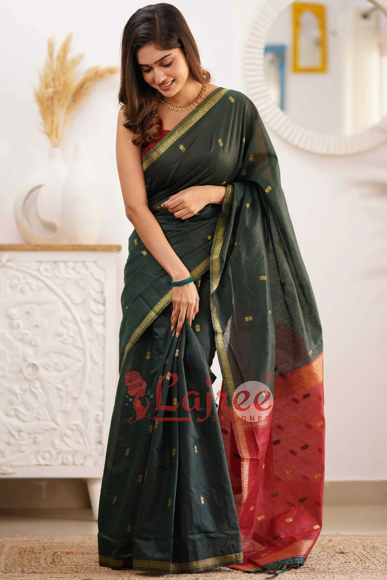 Sophisticated Green Cotton Silk Saree With Prodigal Blouse Piece - Image 6