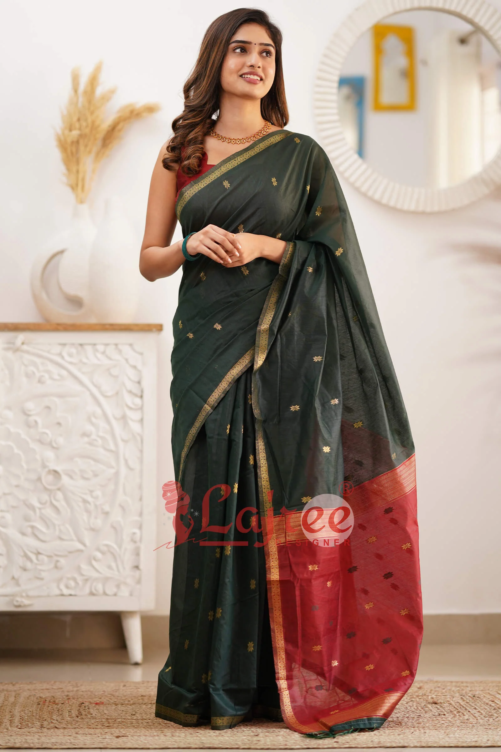 Sophisticated Green Cotton Silk Saree With Prodigal Blouse Piece - Image 7