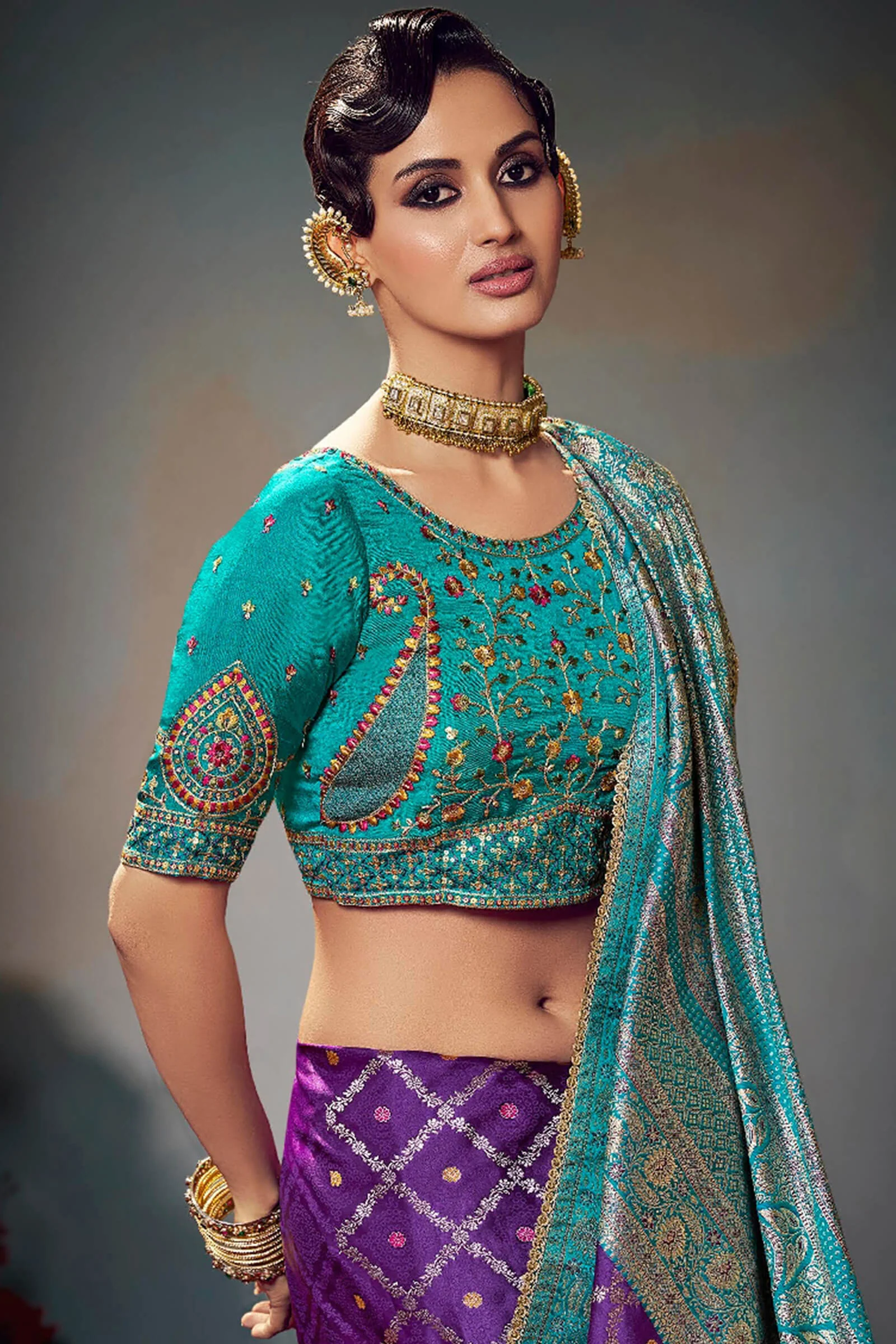 Sophisticated Purple Banarasi Satin Silk Saree With Designer Blouse Piece - Image 2