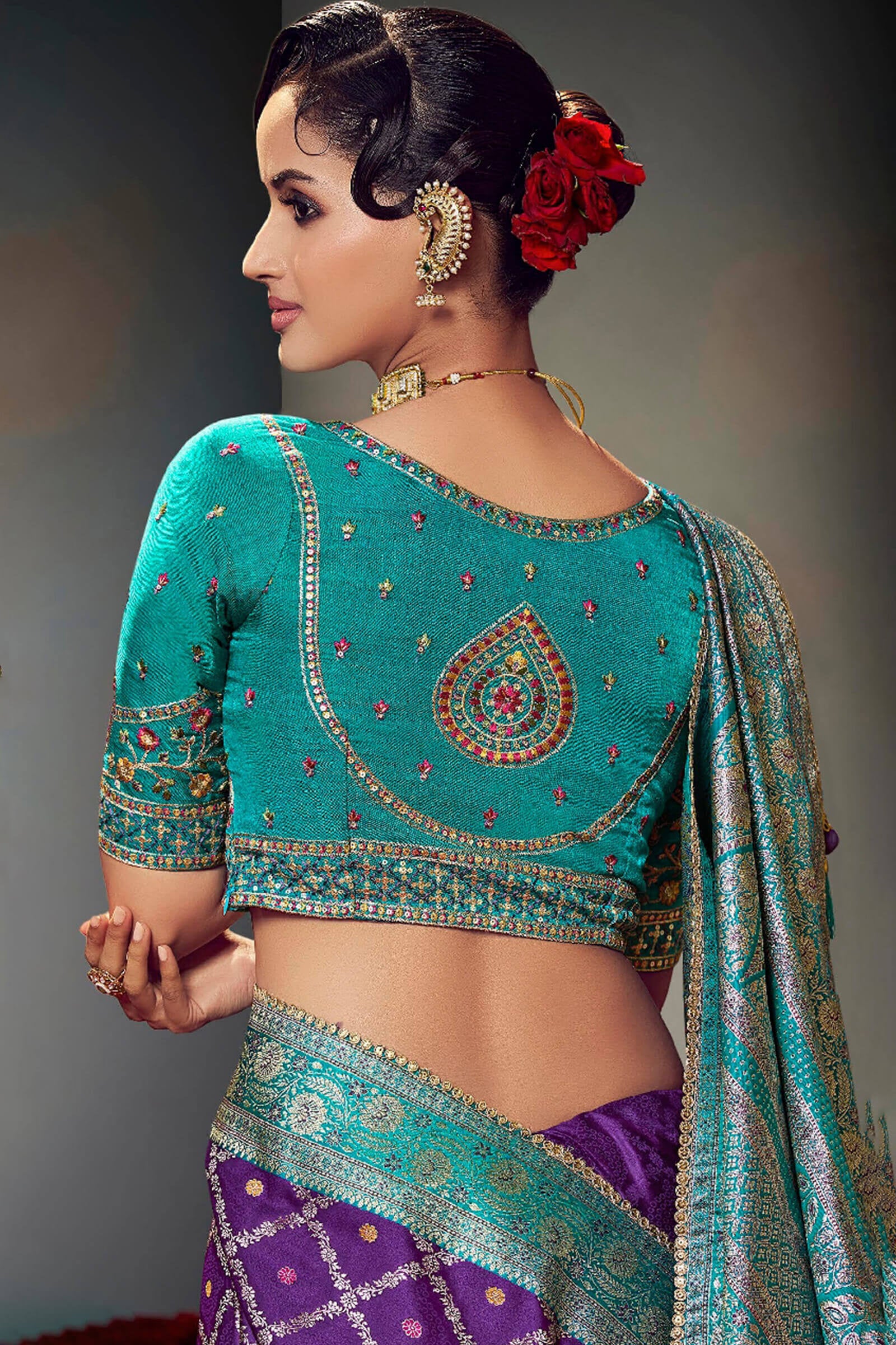 Sophisticated Purple Banarasi Satin Silk Saree With Designer Blouse Piece - Image 3