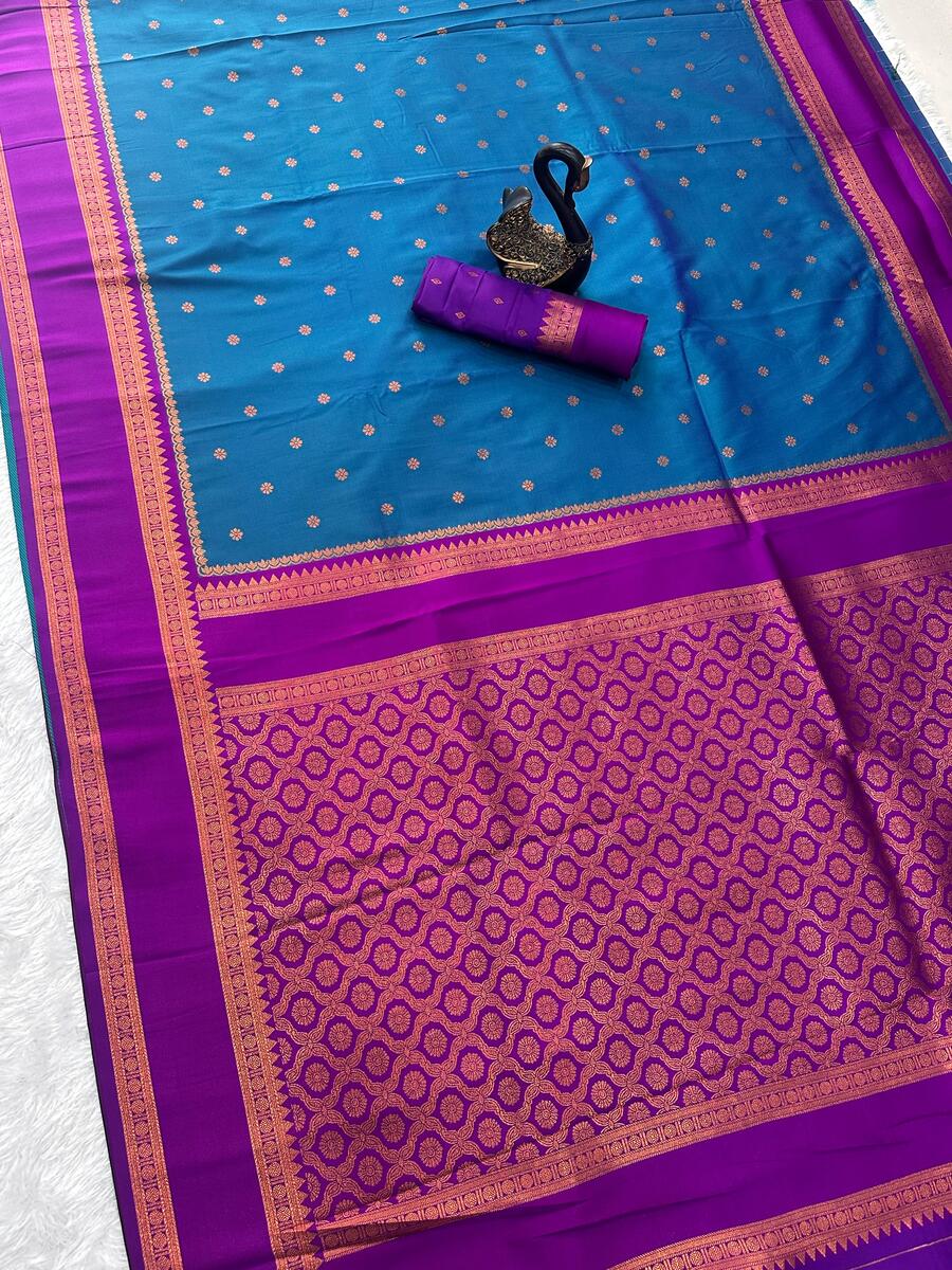 Sophisticated Teal Blue Soft Banarasi Silk Saree With Rhapsodic Blouse Piece - Image 2