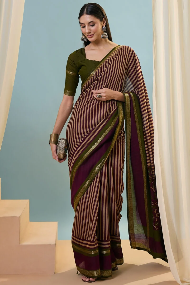 Sophisticated Wine Printed Cotton Silk Saree With Bucolic Blouse Piece - Image 3