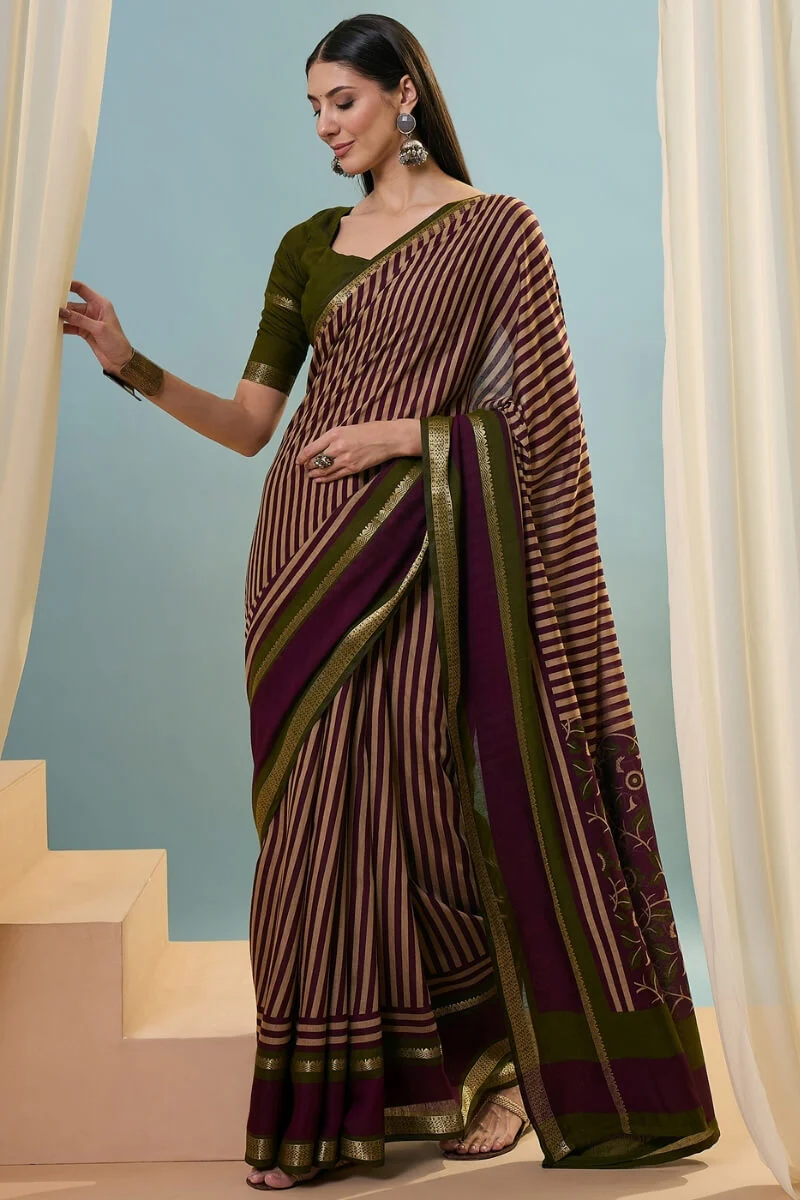 Sophisticated Wine Printed Cotton Silk Saree With Bucolic Blouse Piece - Image 5