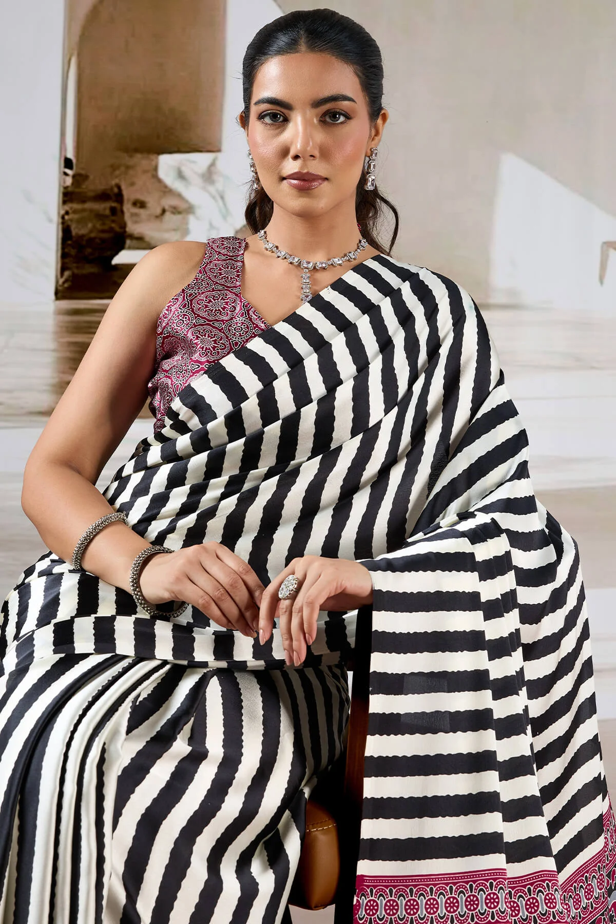 Splendiferous Black Ajrakh Printed Satin Silk Saree With Smashing Blouse Piece - Image 2