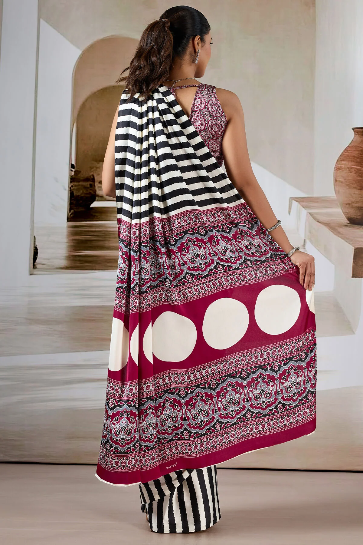 Splendiferous Black Ajrakh Printed Satin Silk Saree With Smashing Blouse Piece - Image 6