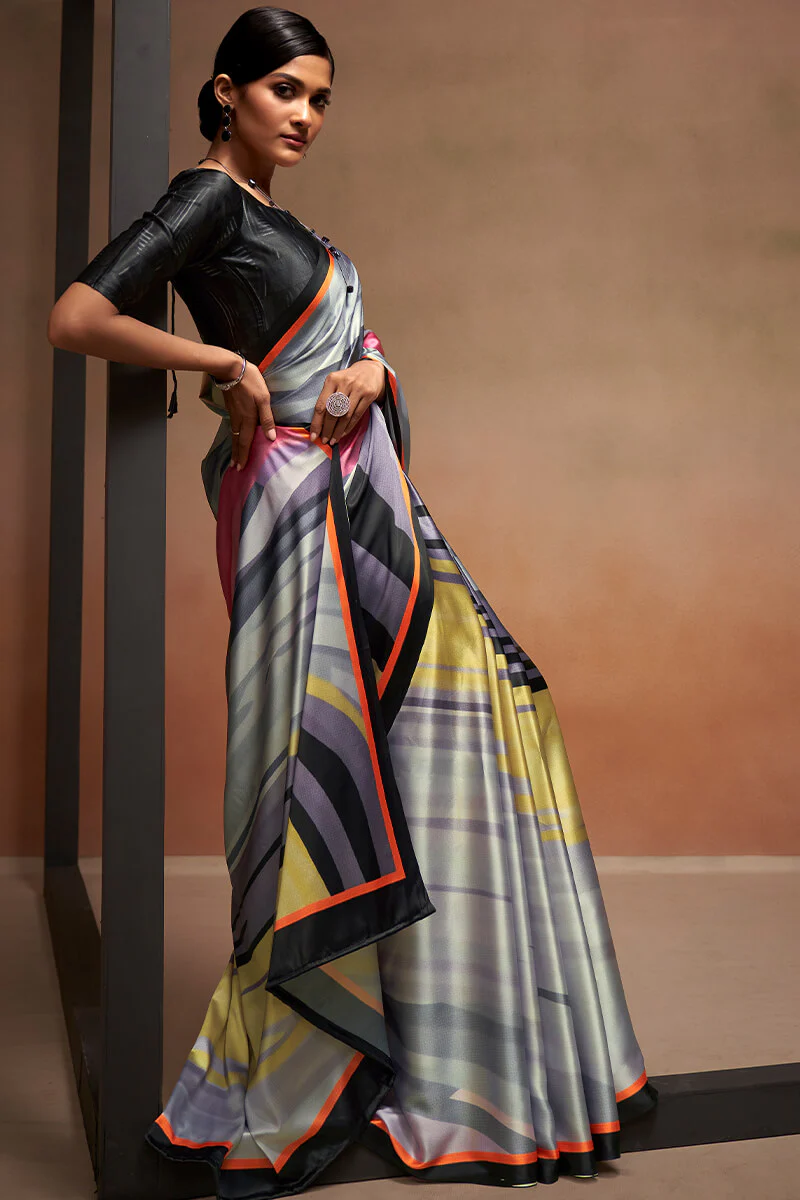 Splendiferous Grey Digital Printed Satin Silk Saree With Imaginative Blouse Piece - Image 3