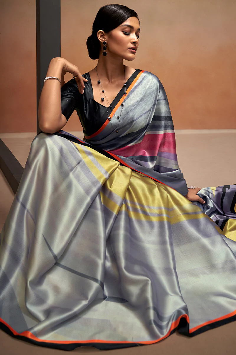 Splendiferous Grey Digital Printed Satin Silk Saree With Imaginative Blouse Piece - Image 4