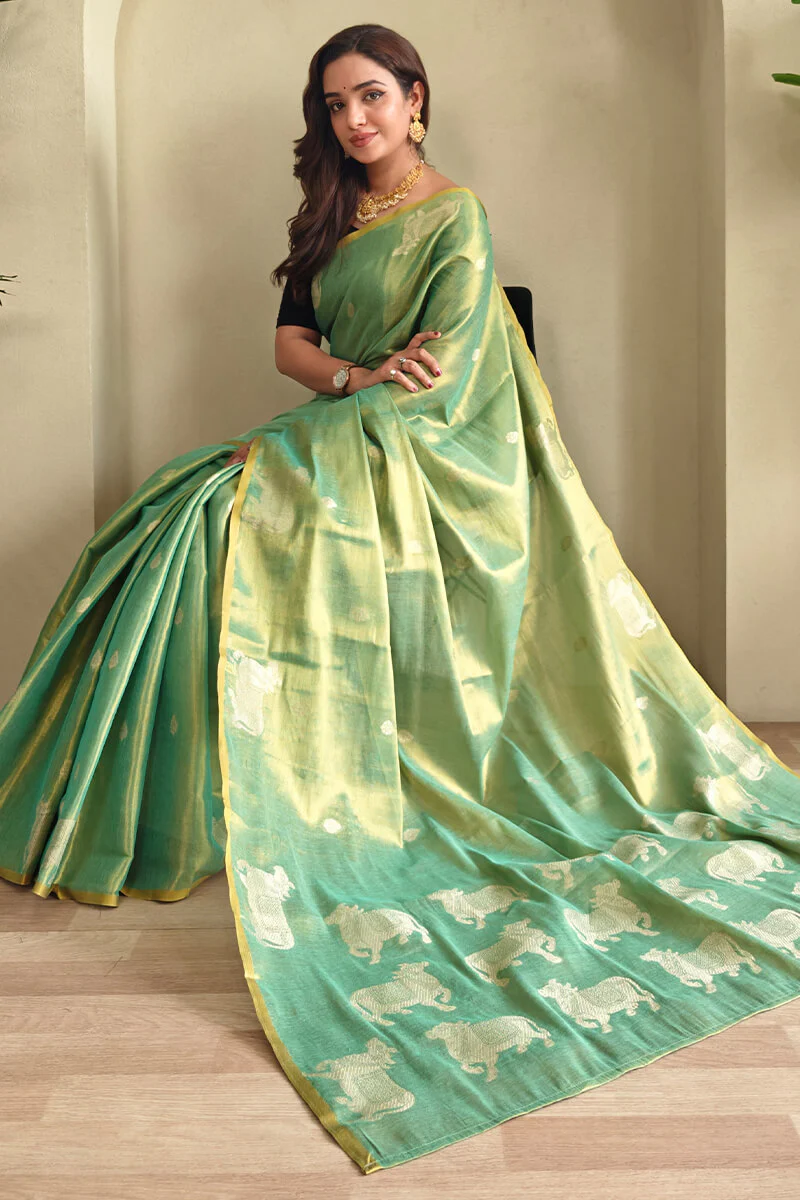 Splendiferous Pista Soft Banarasi Tissue Silk Saree With Elegant Blouse Piece - Image 2